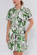 Short Sleeves Button Down Tie Waist Printed Mini Shirt Dress