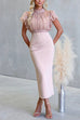 Mockneck Ruffle Short Sleeves Crop Top Back Slit Bodycon Maxi Dress Set