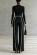 Febedress Color Block High Neck Long Sleeves Top High Rise Wide Leg Pants Set