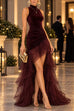 Febedress Mock Neck Ruched Velvet & Tulle High-Low Maxi Dress