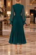 Febedress Mock Neck Sheer Sleeve Pleated Ruffle High-Low Midi Dress (E)