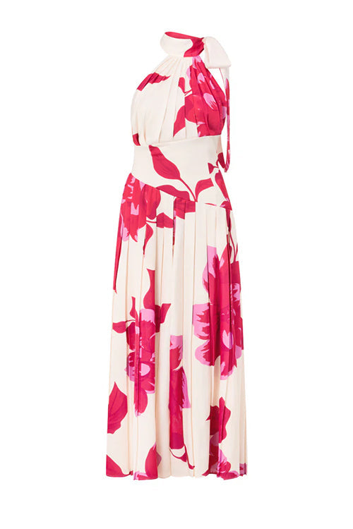 Bow Neck Sleeveless Floral Print Pleated Maxi Dress