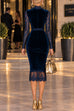 Febedress V Neck Long Sleeves Lace Splice Velvet Midi Dress