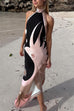 Febedress Halter Neck Open Back Asymmetric Hem Printed Satin Midi Dress