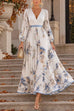 Febedress V Neck Lantern Long Sleeves Floral Print Pleated Maxi Dress (C)