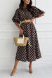Lapel Lantern Short Sleeves Button Up Polka Dot Midi Dress