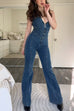 Febedress Zip Up Sleeveless Heart Back Bell Bottom Denim Jumpsuit