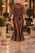 Febedress Mock Neck Chiffon Cape Overlay Satin Midi Dress Set (B)