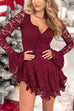 V Neck Bell Long Sleeves Ruffle Lace Mini Dress