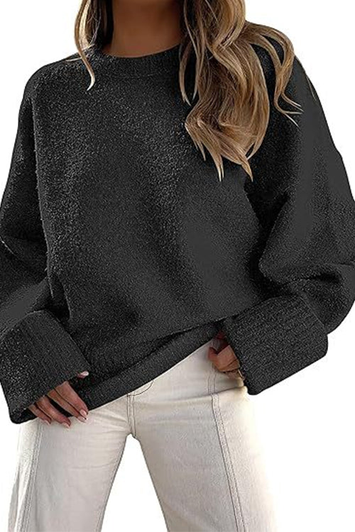 Febedress Crewneck Drop Shoulder Solid Knitted Pullover Sweater