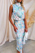 Febedress Irregular Tie Neck Waisted Floral Printed Maxi Satin Dress