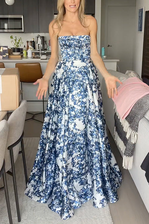 Febedress Strapless Back Lace-up Print Maxi Party Dress