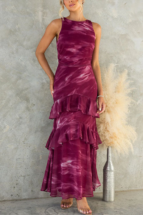 Sleeveless Ruffle Hem Tie Dye Maxi Dress