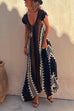 Febedress V Neck Short Sleeve Color Block Printed  Maxi Swing Dress