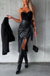 Febedress Faux Leather Knit Waist Wrapped Midi Skirt