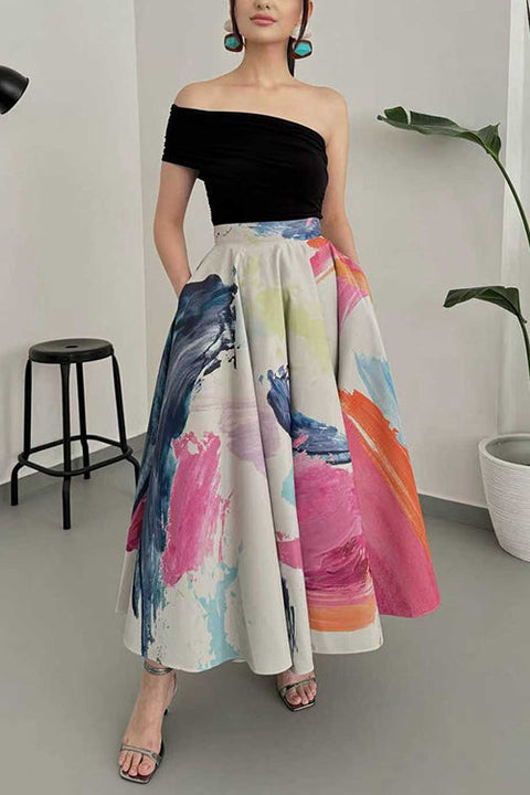 High Rise Pocketed Picasso Canvas Maxi Skirt