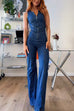 Febedress Zip Up Sleeveless Heart Back Bell Bottom Denim Jumpsuit