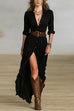 Febedress Lapel V Neck Long Sleeves Button Up Slit Maxi Dress