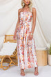 Strapless Bow Waist Floral Print Slit Wide Leg Jumpsuit
