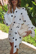 Febedress Polka Dot Balloon Long Sleeves Shirt and Tie Waist Wrap Mini Skirt Set