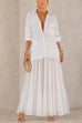 Febedress Lapel Long Sleeves Organza Splice Ruffle Denim Maxi Dress