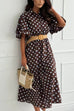 Lapel Lantern Short Sleeves Button Up Polka Dot Midi Dress