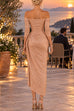 Febedress Off Shoulder High Slit Ruched Glitter Party Dress