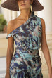 Asymmetrical Shoulder Printed Ruffle Hem Flowy Maxi Dress