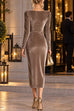 Febedress Cowl Neck Gold Accent Ruched Velvet Midi Dress