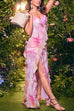 Febedress V Neck Backless Ruffle Trim Slit Floral Print Maxi Cami Dress