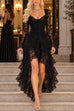 Febedress Long Sleeve High-Low Ruffle Hem Lace Dress
