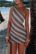 Febedress One Shoulder Sleeveless Color Block Crochet Mini Dress