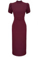 Mockneck Puff Short Sleeves Back Slit Midi Dress