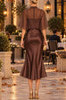 Febedress Mock Neck Chiffon Cape Overlay Satin Midi Dress Set (D)