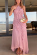 Febedress Strappy Halter Neck Ruffle Trim Asymmetric Hem Pleated Maxi Dress