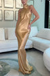 Sleeveless Back Slit Cut Out Satin Maxi Dress