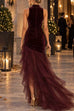 Febedress Mock Neck Ruched Velvet & Tulle High-Low Maxi Dress