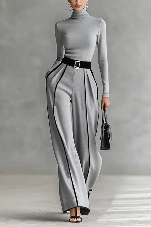 Febedress Turtleneck Long Sleeves Top and Color Block Wide Leg Pants Set