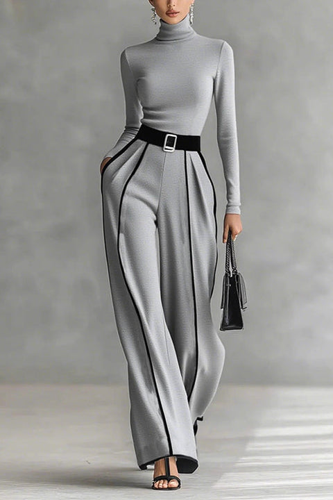 Febedress Turtleneck Long Sleeves Top and Color Block Wide Leg Pants Set