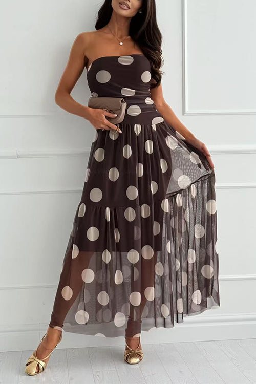 Febedress Strapless Polka Dot Mesh Ruffle Hem Maxi Dress