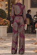 Febedress Lapel Long Sleeves Shirt High Rise Pocketed Straight Leg Pants Paisley Print Set (B)