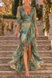Febedress V Neck Floral Print High Low Hem Ruffle Maxi Dress