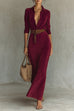 Febedress Long Sleeves Button Up Faux Suede Belted Maxi Dress