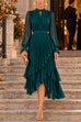 Febedress Mock Neck Sheer Sleeve Pleated Ruffle High-Low Midi Dress (E)