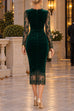 Febedress V Neck Long Sleeves Lace Splice Velvet Bodycon Midi Dress