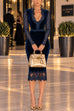 Febedress V Neck Long Sleeves Lace Splice Velvet Midi Dress