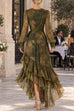 Febedress V Neck Long Sleeves Printed Wraped Ruffle Maxi Dress
