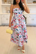 Strapless Tube Back Lace-up Floral Print Midi Dress