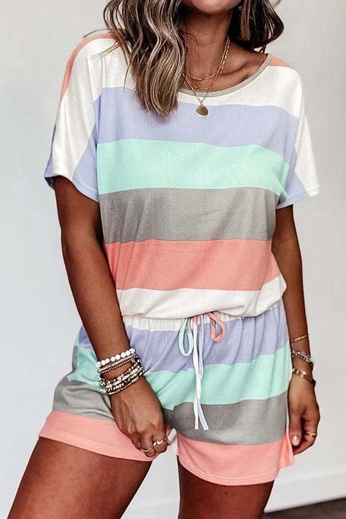Febedress Crewneck Color Block Striped Drawstring Romper