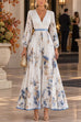 Febedress V Neck Lantern Long Sleeves Floral Print Pleated Maxi Dress (A)